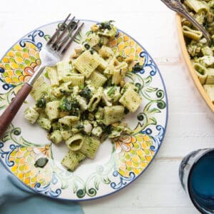 Chicken pasta salad with ramp vinaigrette on colorful plate.