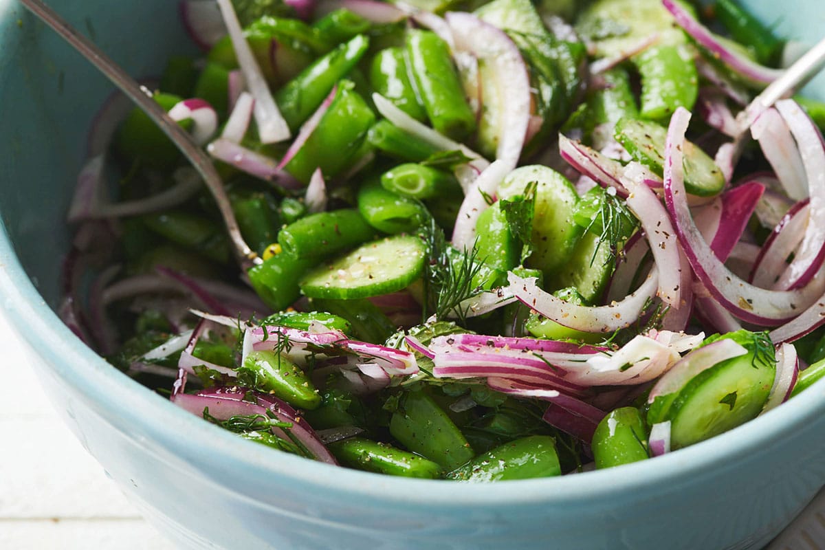 Sugar Snap Pea Salad in blue bowl.