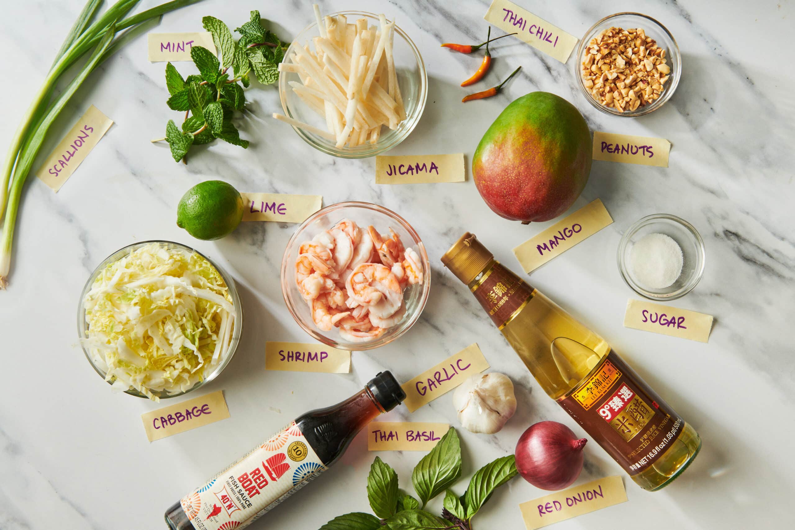Mango, shrimp, jicama, cabbage, herbs, and other ingredients for salad.