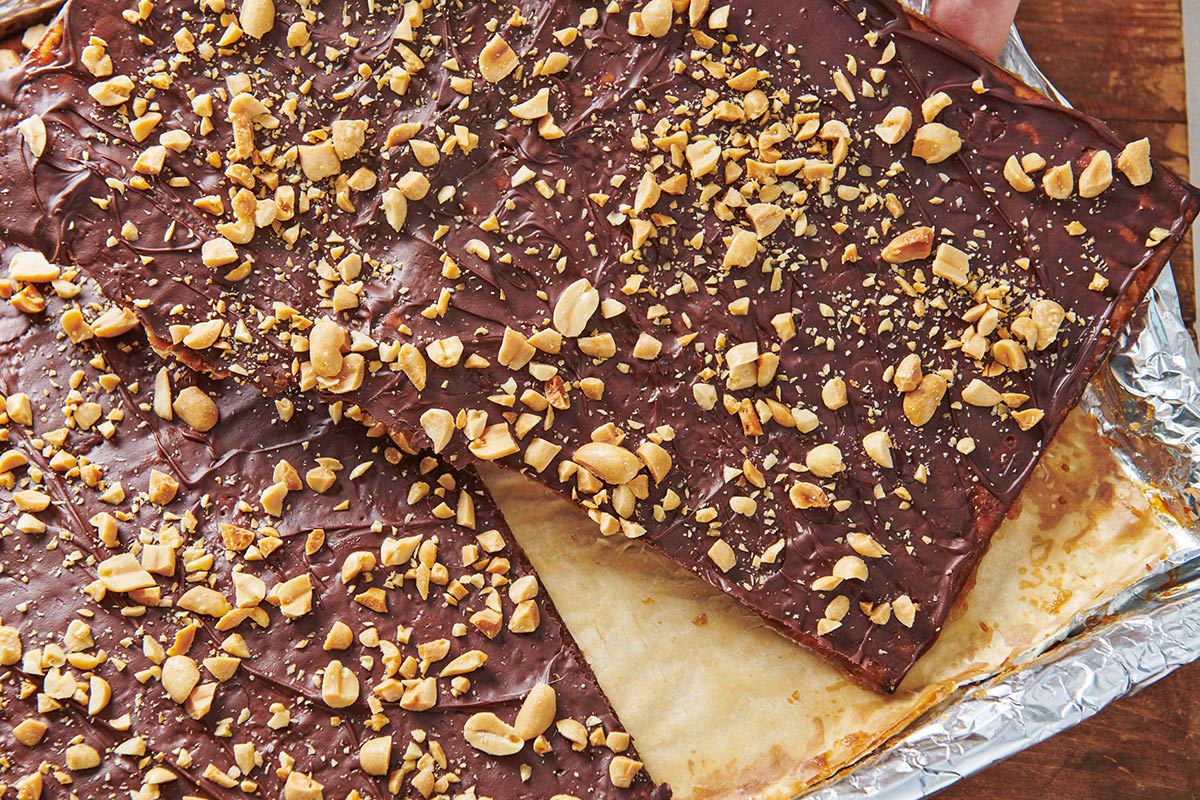 Chocolate Covered Caramelized Matzoh on baking sheet.