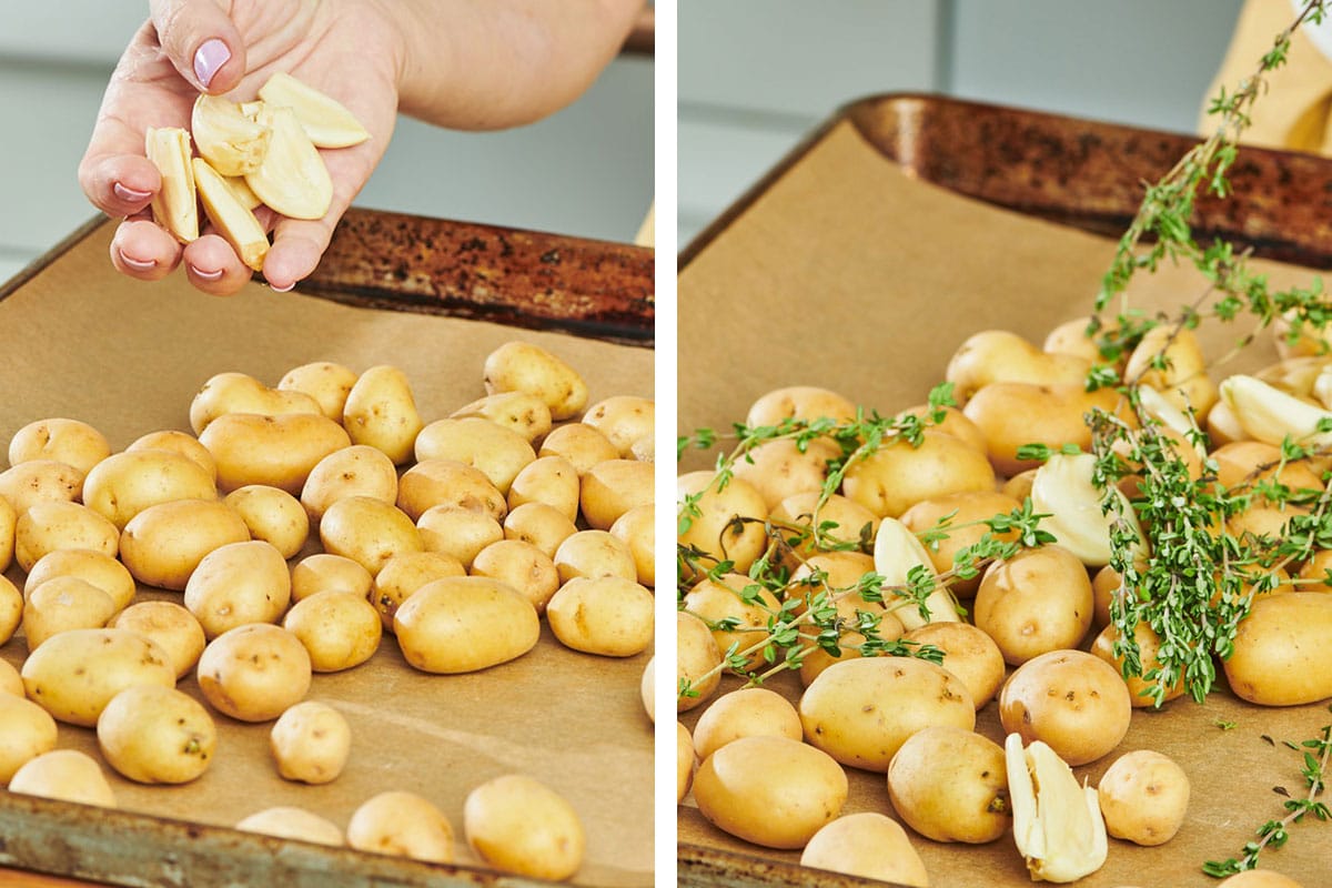 Placing cut potatoes on roasting pan and seasoning with fresh thyme.