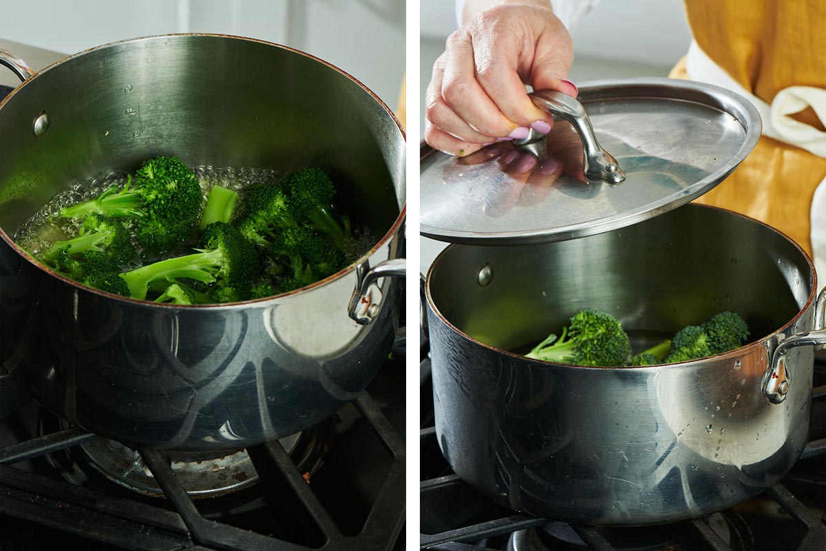 Broccoli steaming in large pot of water.