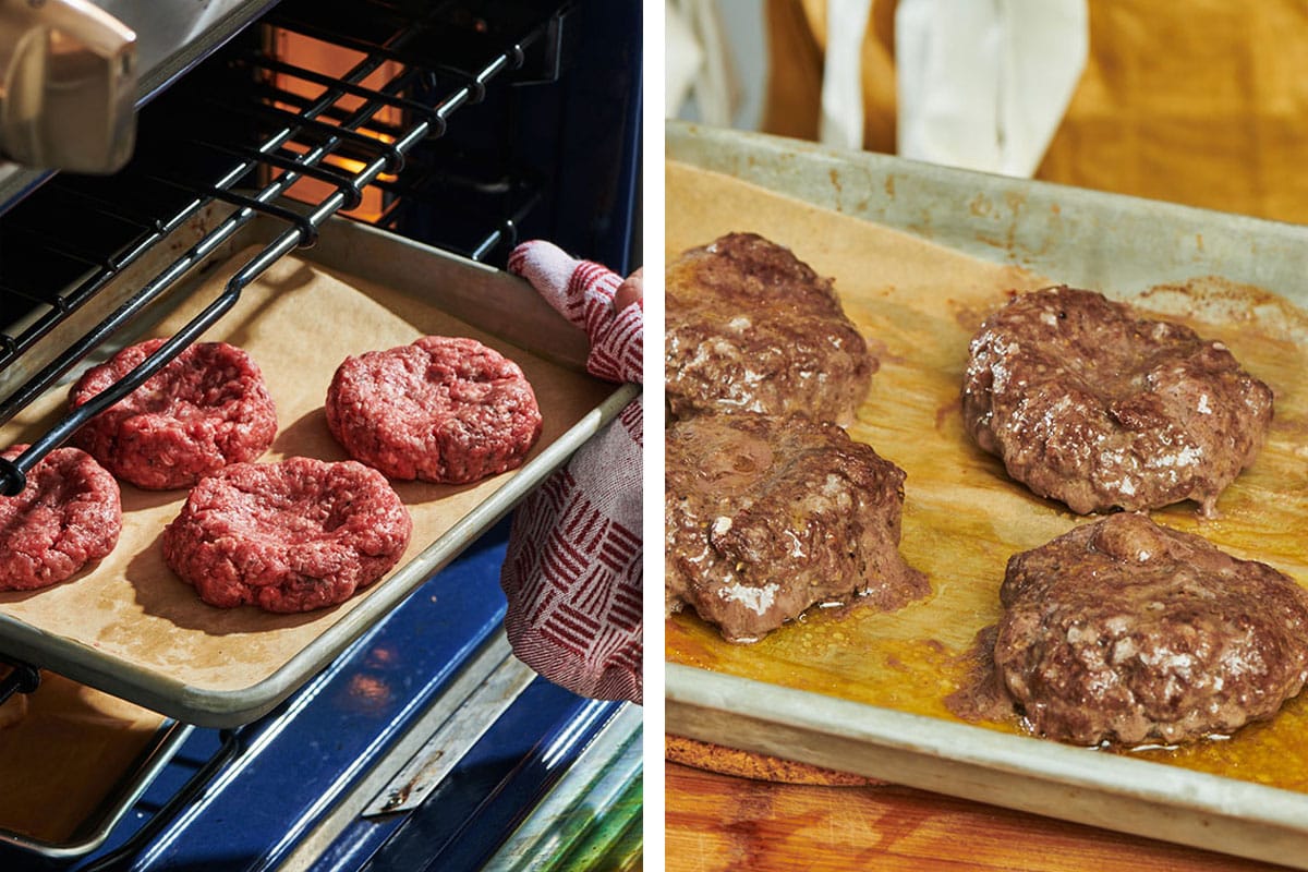 Baking burgers in the oven on tray.