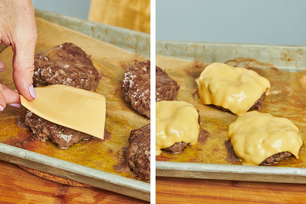 Baking cheeseburgers on sheet pan.