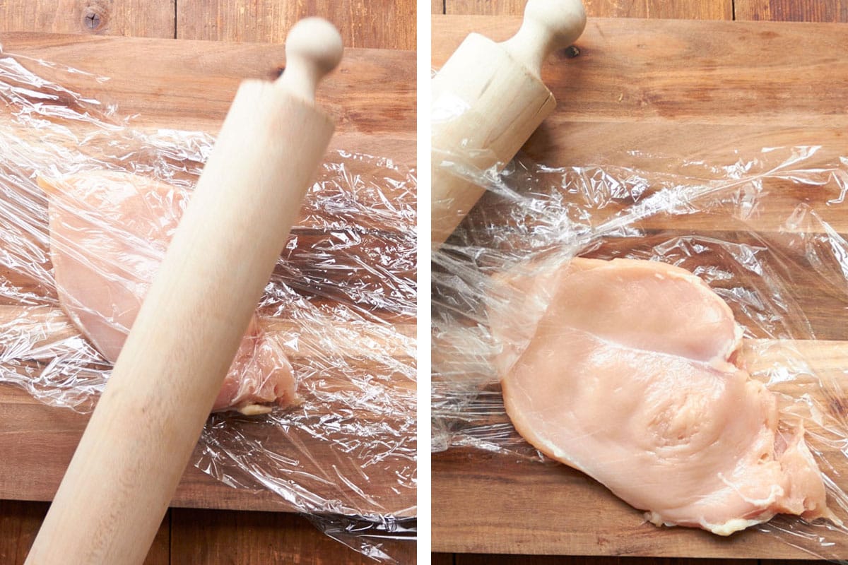 Woman pounding chicken wrapped in plastic with rolling pin.