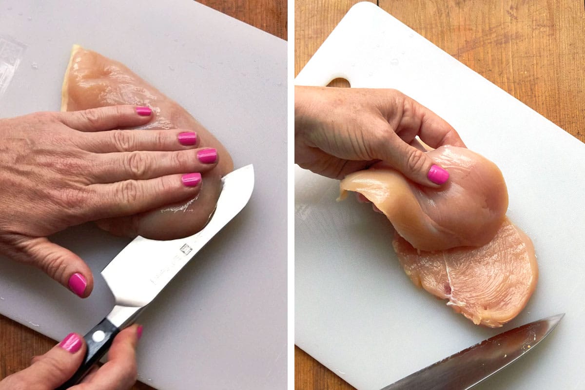 Slicing chicken breast into cutlets with knife.