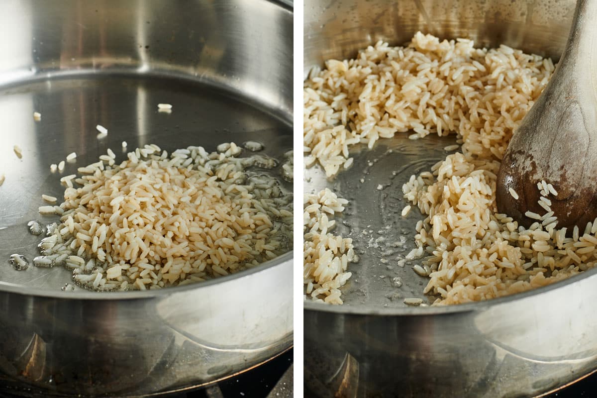 Frying cooked rice in pan with oil.