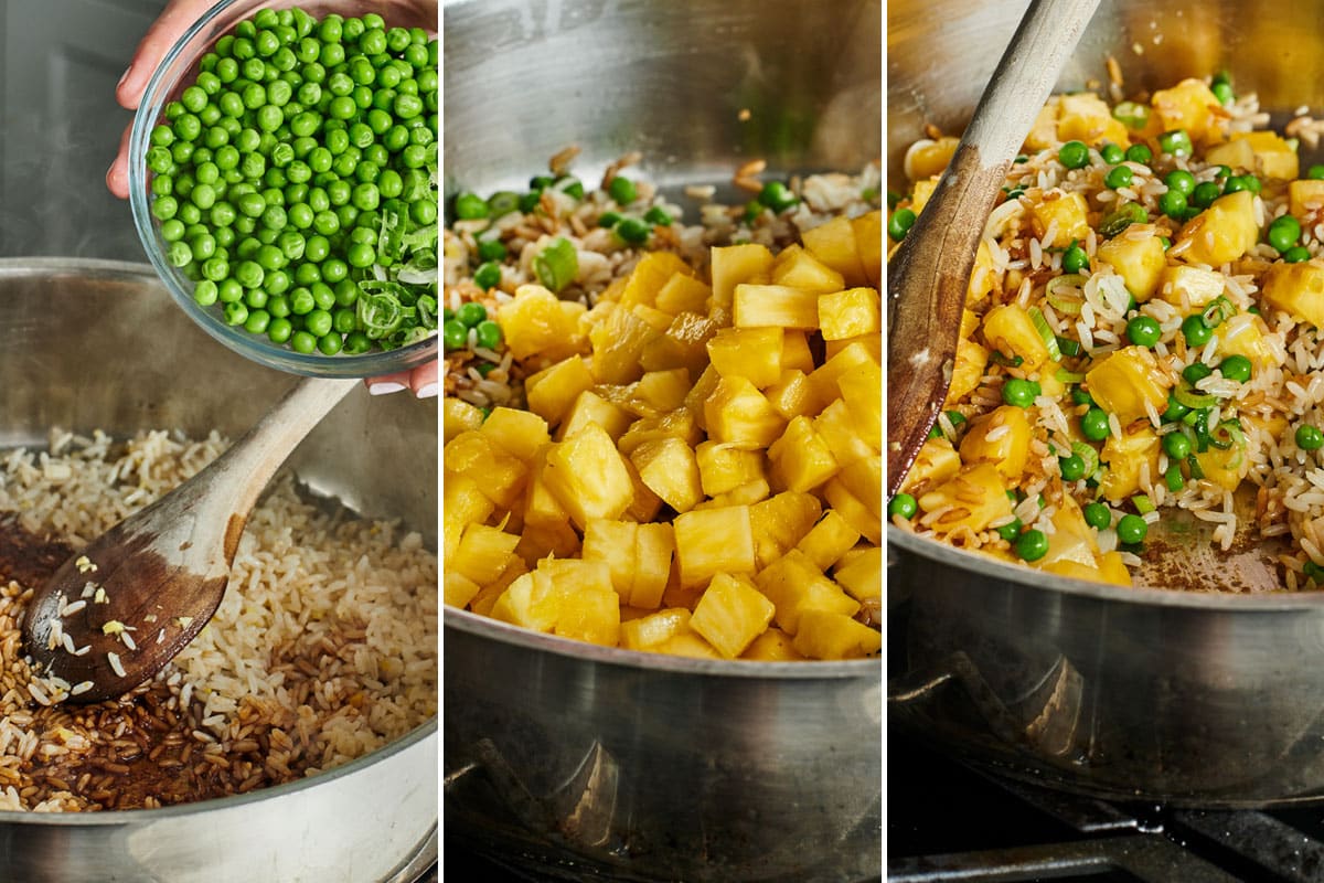 Stir-frying peas, pineapple, and other ingredients with rice.