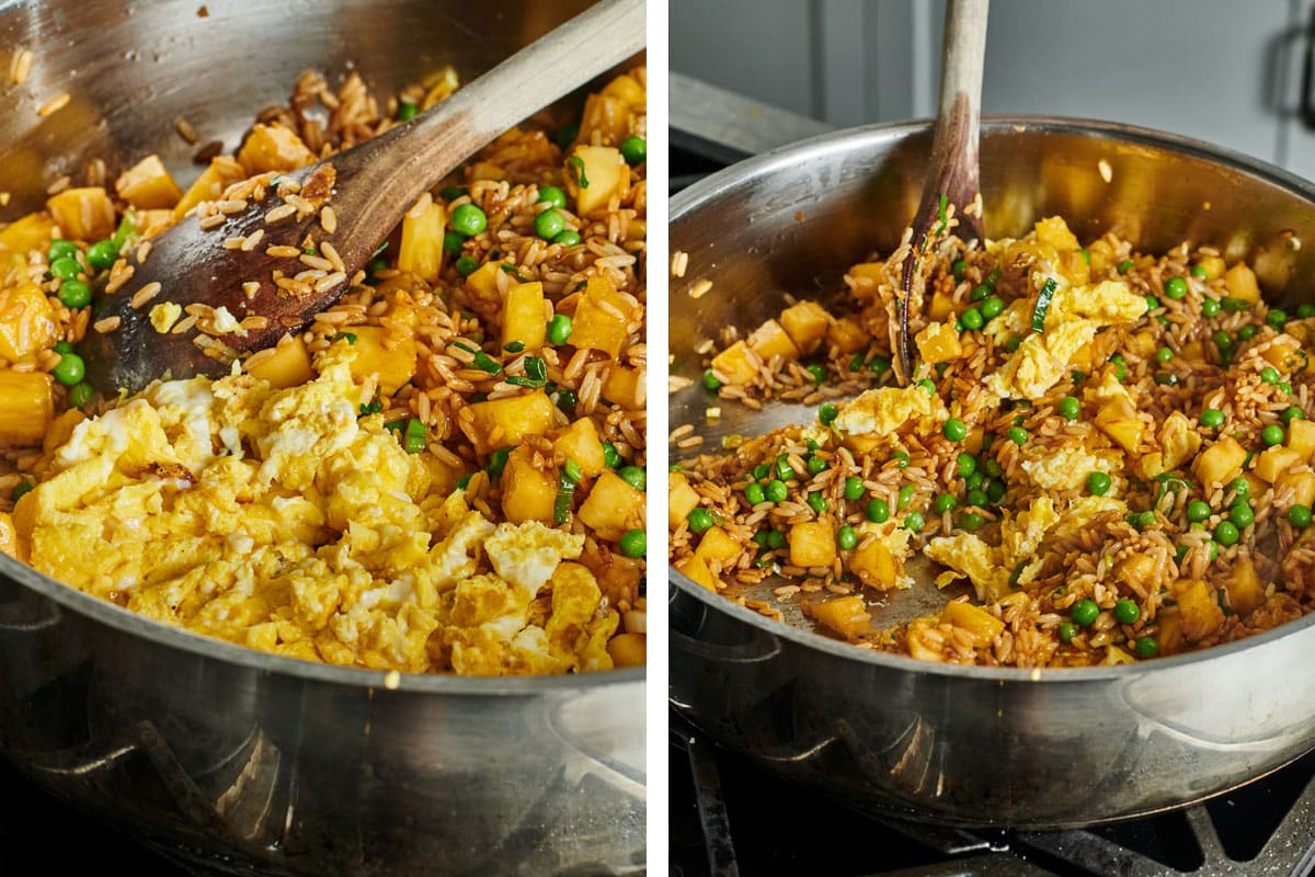 Scrambling eggs in pineapple stir-fried rice.