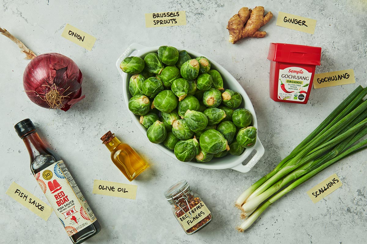 Fresh Brussels sprouts, scallions, ginger, and Asian sauces.