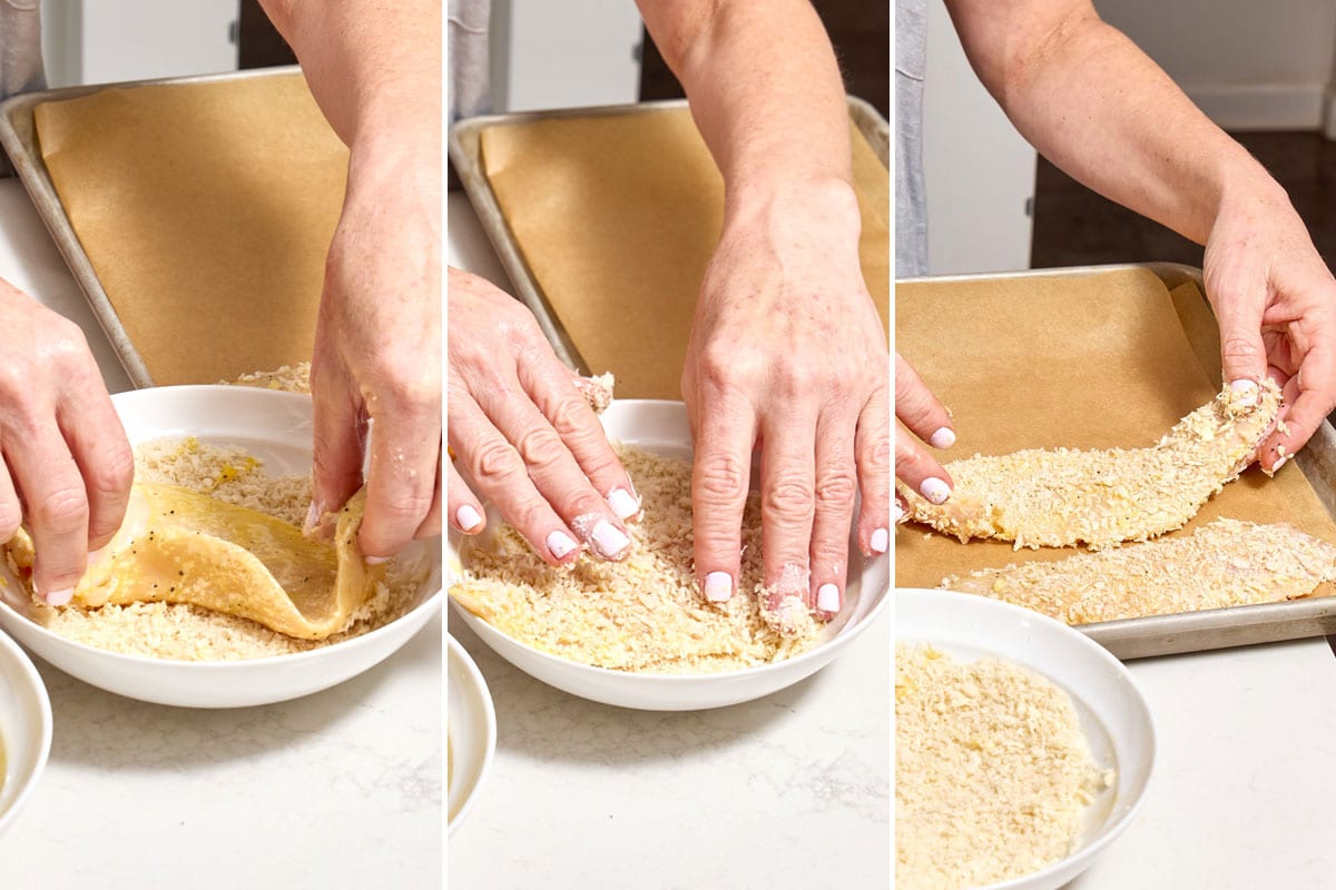 Woman breading chicken cutlet with panko breadcrumbs.