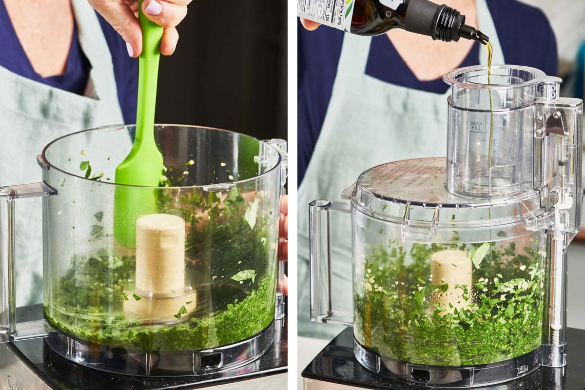 Blending basil pesto with olive oil in food processor.