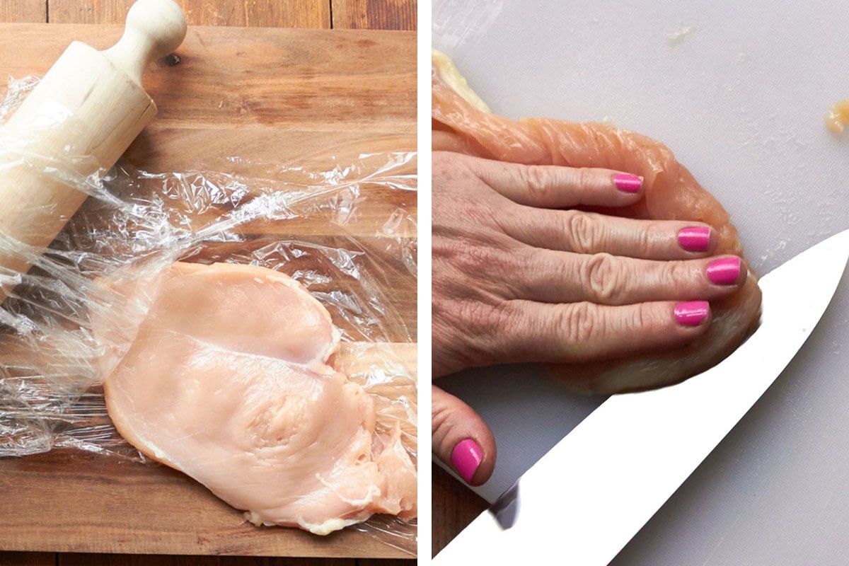 Woman pounding and slicing chicken breasts into cutlets.