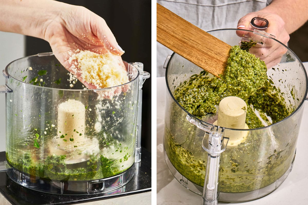 Adding Parmesan cheese to homemade pesto in food processor.