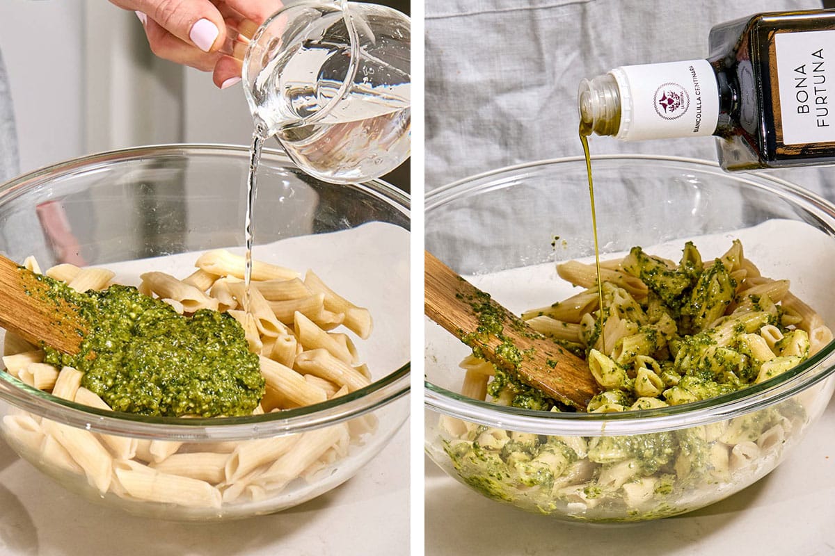 Adding water and olive oil to pasta with pepita pesto in glass bowl.