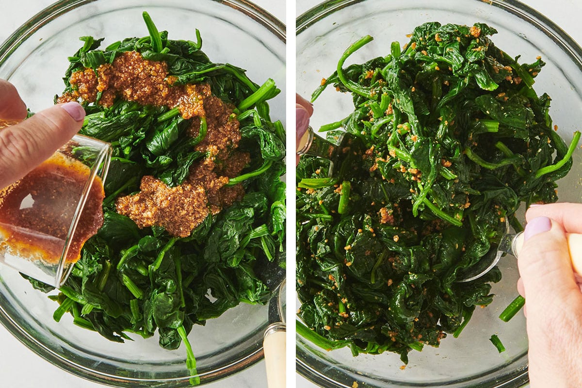 Tossing spinach gomae in bowl with dressing.