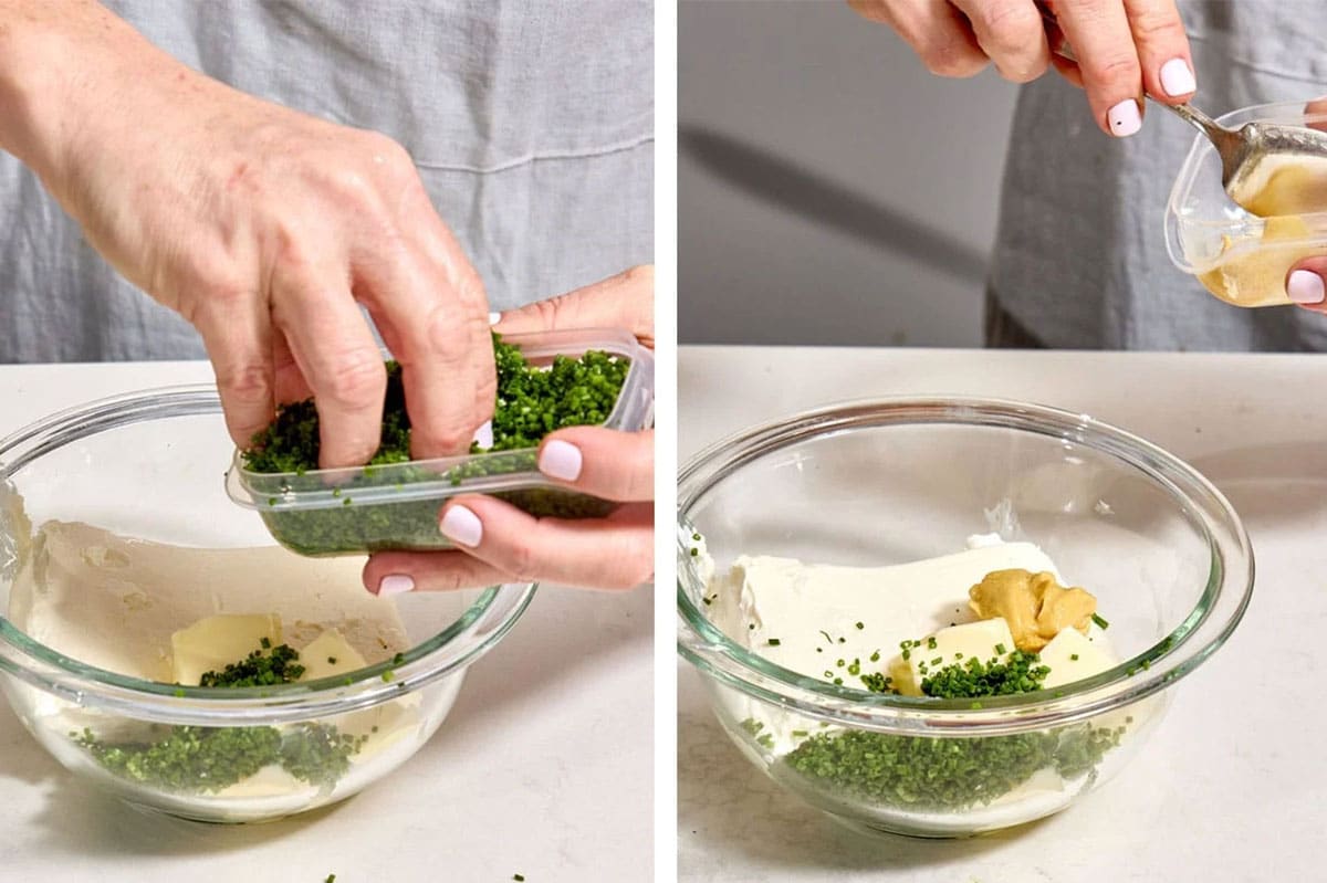Adding chives and mustard to bowl with butter and cream cheese.