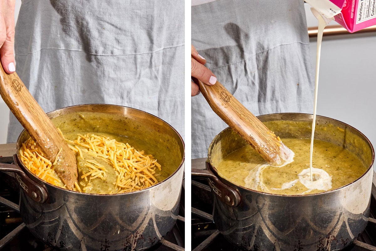 Stirring cheddar cheese and cream into zucchini soup.