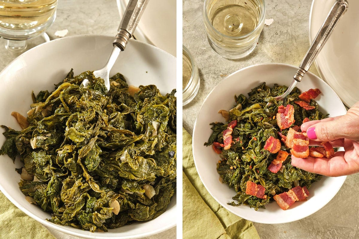 Adding bacon to serving bowl of Southern mustard greens.