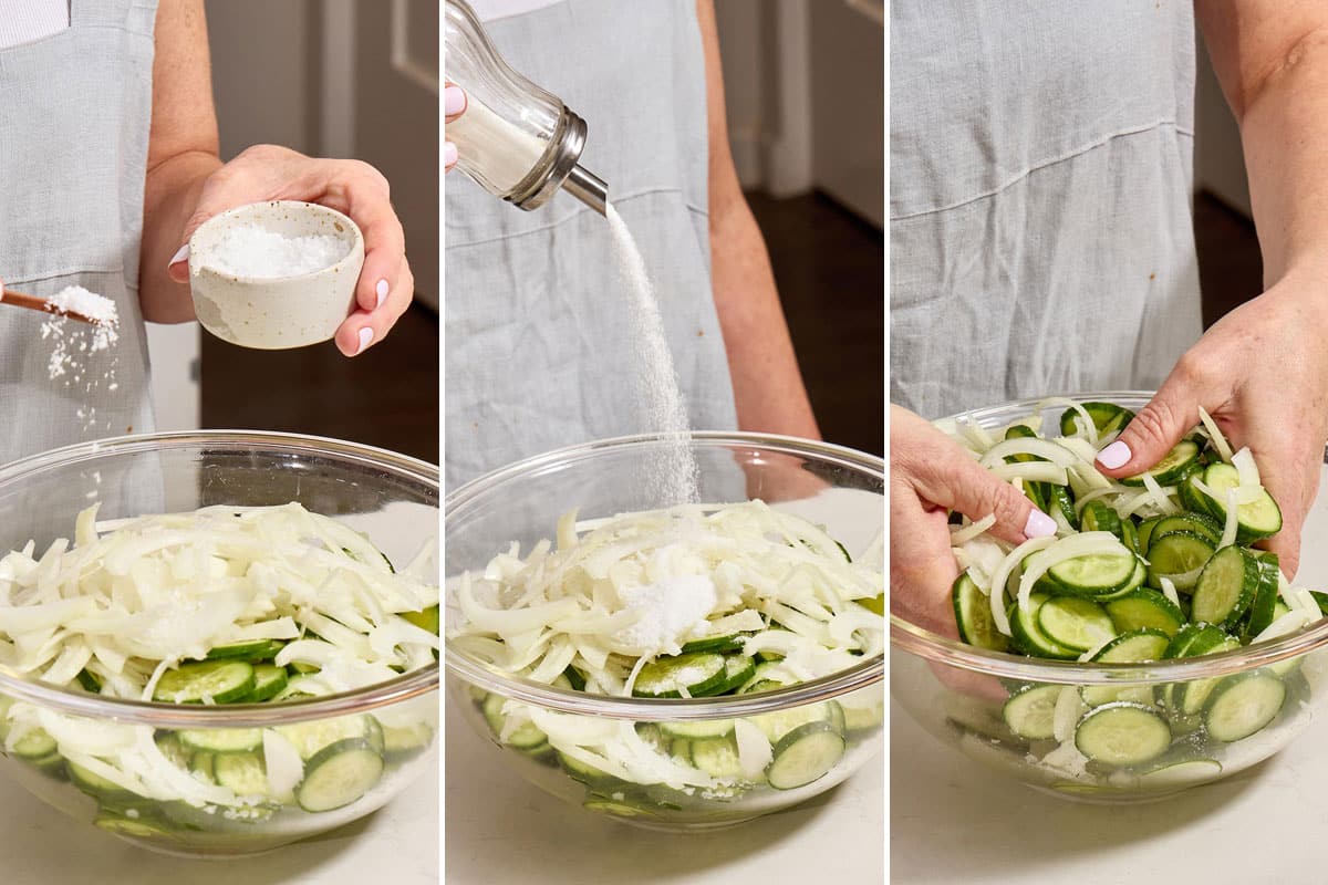 Adding sugar and salt to sliced cucumbers and tossing in bowl.