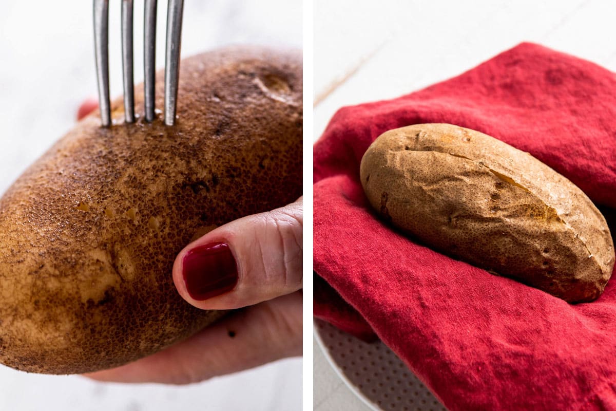 Woman poking potato with fork and handling baked potato.