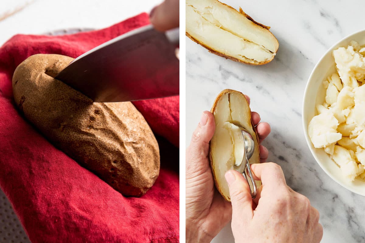 Cutting baked potato with knife and scooping out the inside with spoon.