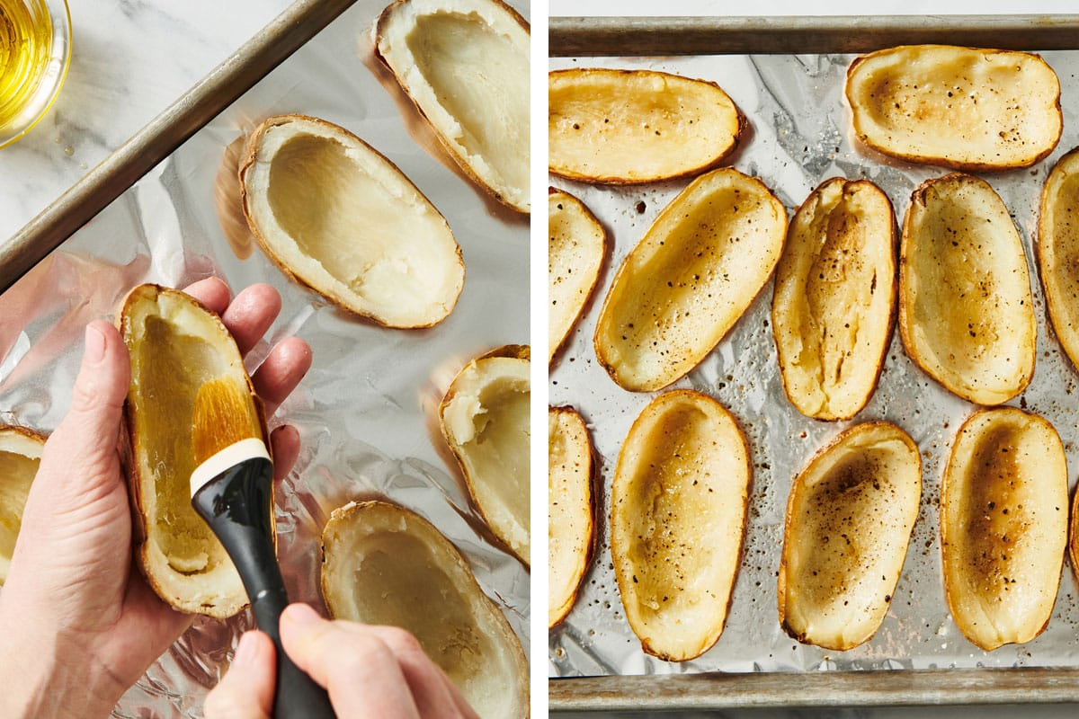 Woman brushing oil on potato skins and baked potato skins on baking sheet.