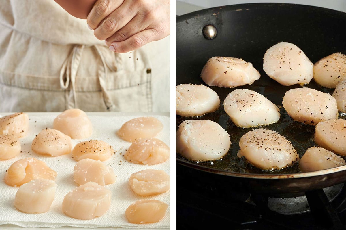 Seasoning sea scallops with pepper and sautéing in cast iron pan.