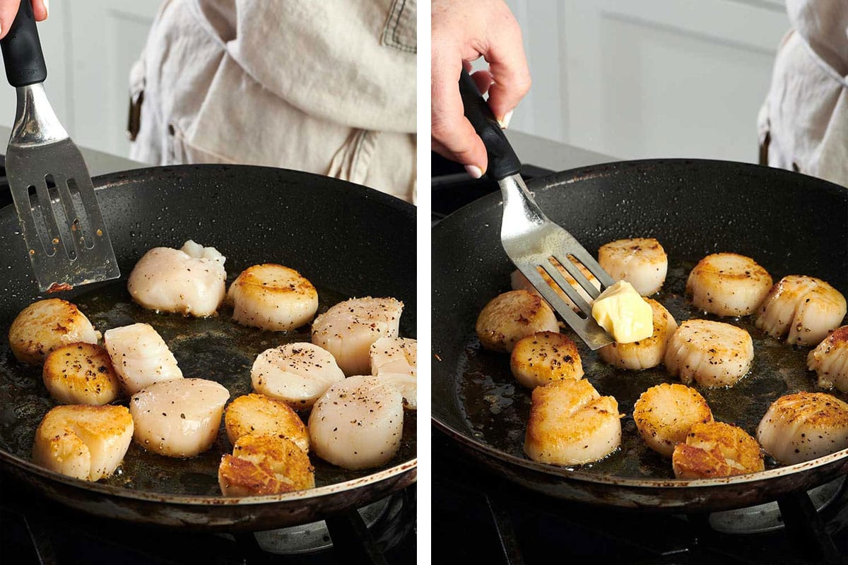 Flipping sea scallops in pan and adding butter with spatula.