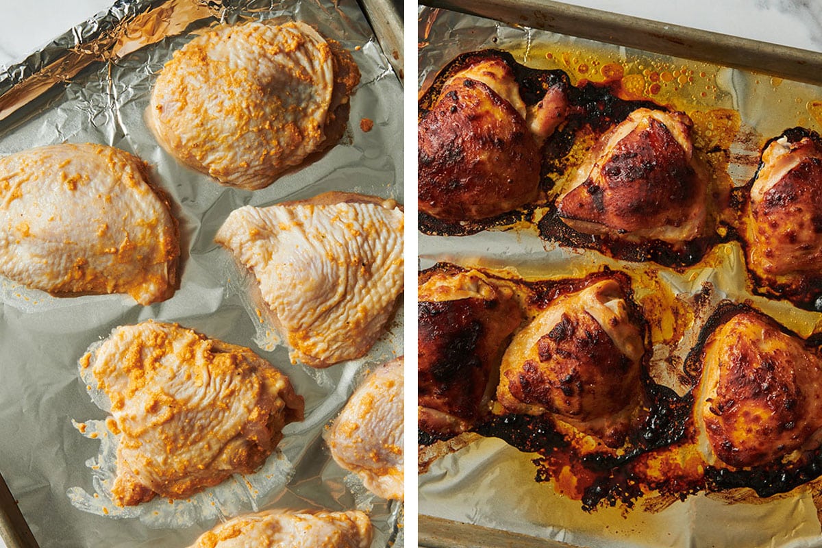 Raw and baked chicken thighs with miso marinate on foil-lined baking sheet.