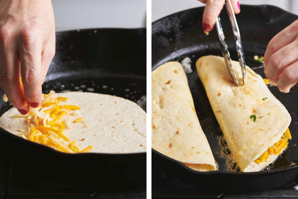 Cooking quesadilla with cheese in cast-iron pan.