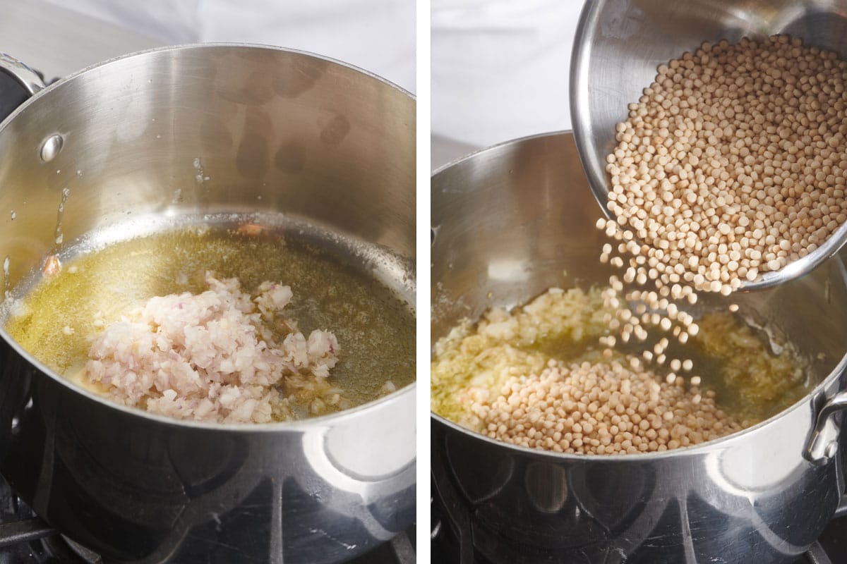 Sauteing onions in butter and adding toasted Israeli couscous to the pan.